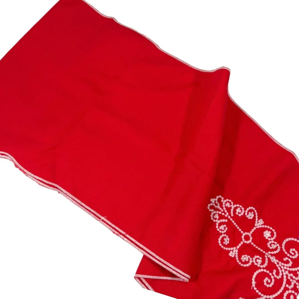 70x13 Red Table Runner White Scalloped Embroidered Scrollwork Holiday Folk Art